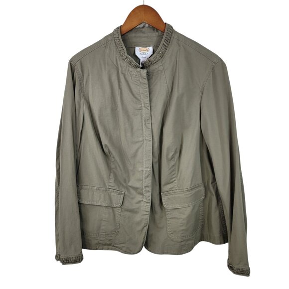 Talbots Feild Jacket Size 14W Beaded Trim Casual Canvas Green Beige Pockets - Picture 2 of 8